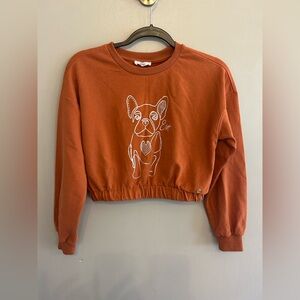 ESP Frenchie dog sienna brown crop top sweatshirt with rhinestone embellishment